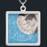 Wedgewood Blue Wedding Photo Pendant Necklace<br><div class="desc">ADD YOUR PHOTO -- Elegant and romantic personalized Engagement and Wedding Photo Necklaces, with a touch of vintage charm. Wedgewood china blue trimmed with light and delicate Victorian swirls and beautifully stylized script text. Just add the Bride and Groom's name to fit neatly into the open framed LOVE typography to...</div>