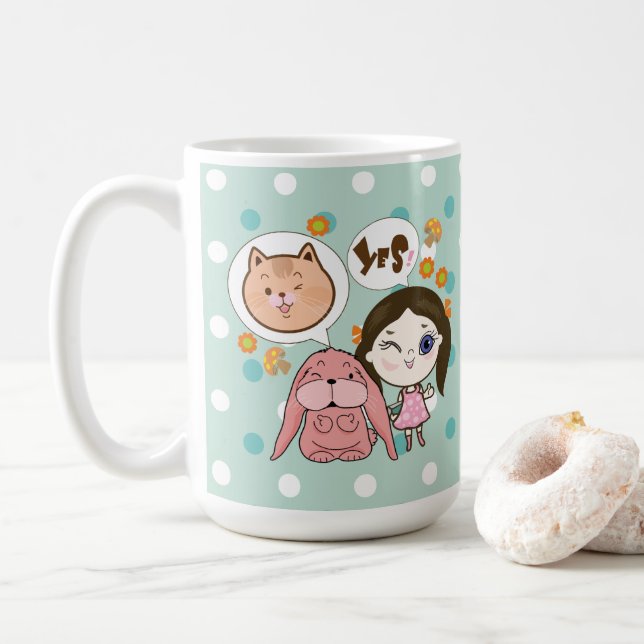 wee wee and her friends- cat and rabbit coffee mug (With Donut)