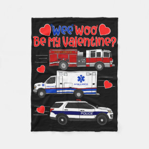 Wee Woo Be My Valentine Firetruck Ambulance Police Fleece Blanket