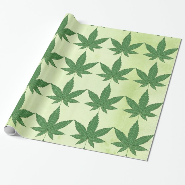 Weed Leaf Green on Light Green Parchment Look Wrapping Paper (Unrolled)