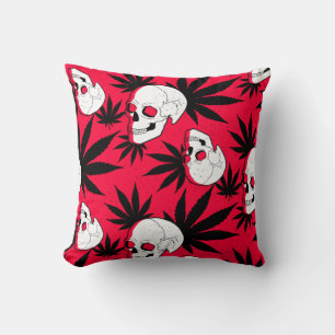 Weed Leaf Herbal Plant and Skulls on Red Throw Pillow
