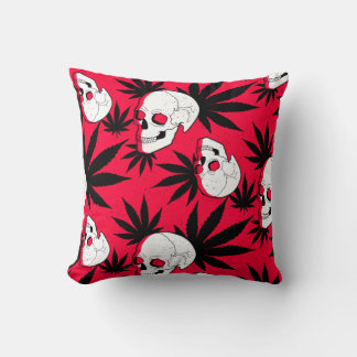 Weed Leaf Herbal Plant and Skulls on Red Throw Pillow