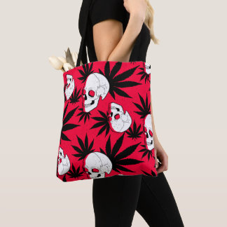 Weed Leaf Herbal Plant and Skulls on Red Tote Bag