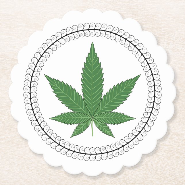 Weed Leaf Tree Swirl Trim Personalized Paper Coaster (Front)