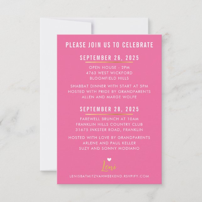 WEEKEND DETAILS cute pretty pink white hearts gold RSVP Card (Front)