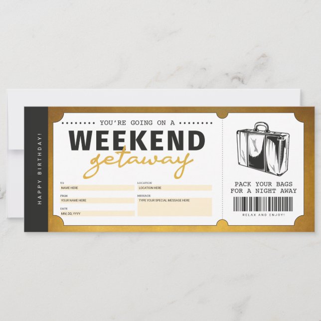 Weekend Getaway Gold Gift Travel Ticket Voucher Invitation (Front)