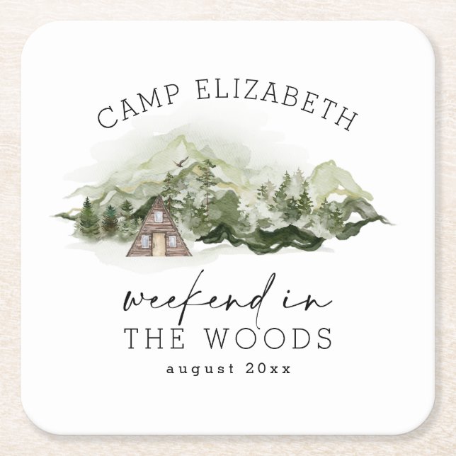 Weekend in the Woods Camping Bachelorette Square Paper Coaster (Front)