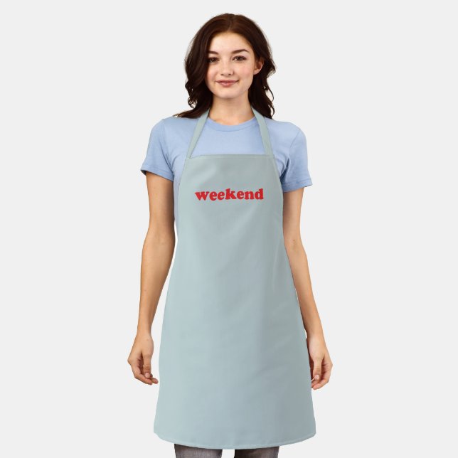Weekend red and light dusty blue kitchen apron (Worn)