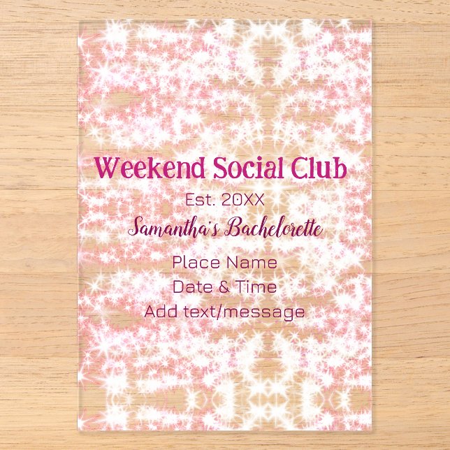 Weekend Social club pink glitter bachelorette part Acrylic Invitations (Front)