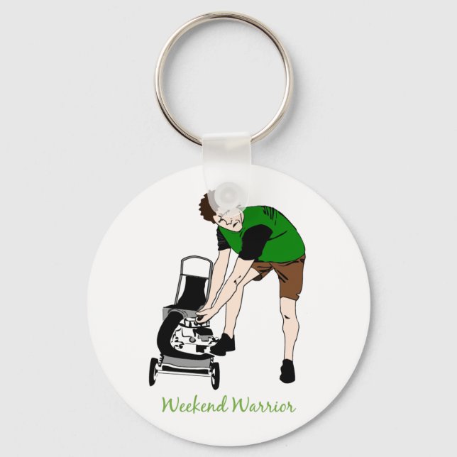 Weekend Warrior Funny Lawn mowing Cartoon Keychain (Front)