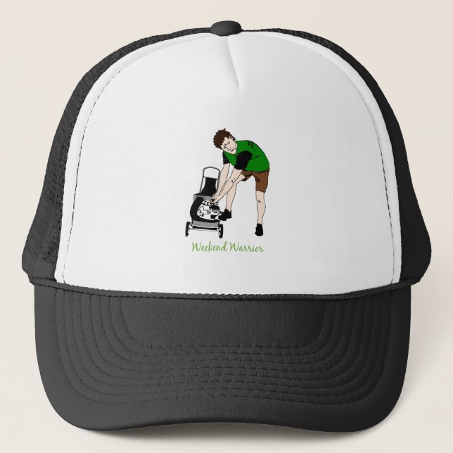 Weekend Warrior Funny Lawn mowing Cartoon Trucker Hat (Front)
