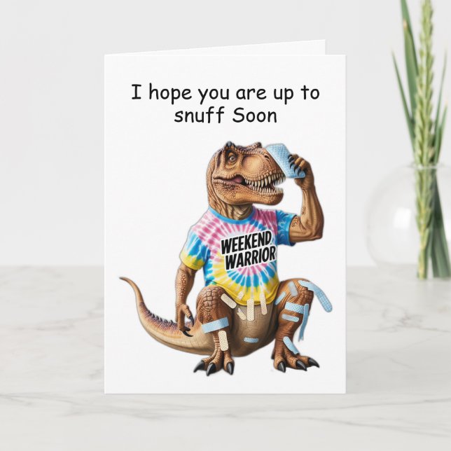 Weekend warrior T-rex with bandages and ice pack Card (Front)