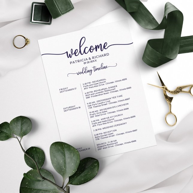 Weekend Wedding Schedule Elegant Chic Navy Blue Invitation (Creator Uploaded)