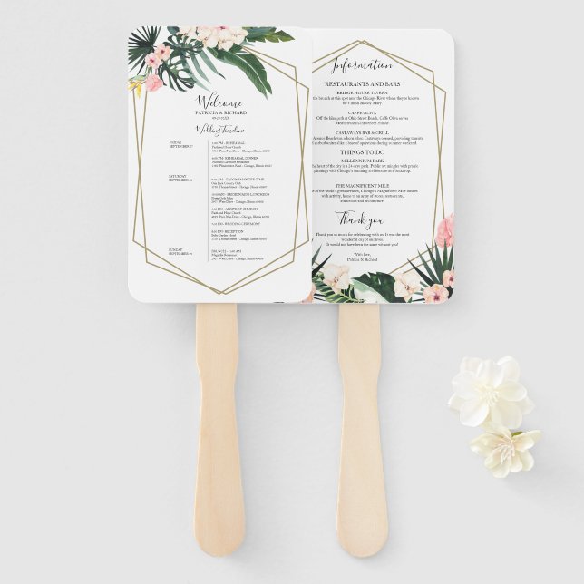 Weekend Wedding Schedule Tropical Floral Geometric Hand Fan (Front and Back)