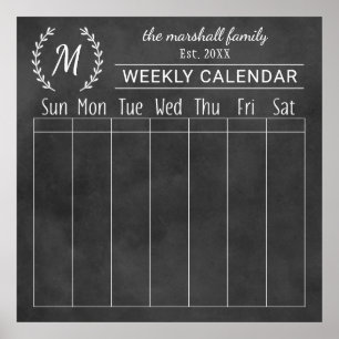 Weekly Family Calendar Chalkboard Monogram Poster