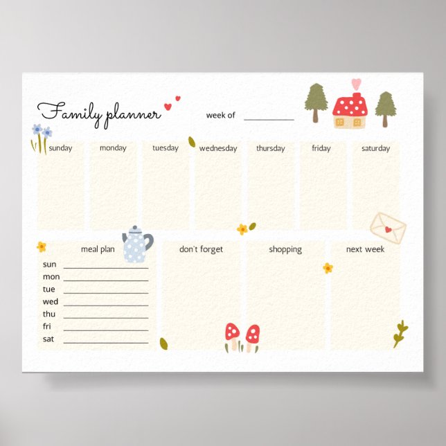 Weekly Family Planner Printable Cozy Home Calendar Poster (Front)