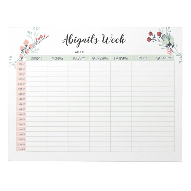 Weekly Hourly Planner with Sunday Start 7am - 12am Notepad (Front)