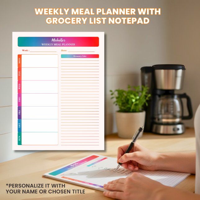 Weekly Meal Planner Grocery Shopping List Coloured Notepad (Personalized Name and Title Meal Plan and Shopping List Colorful Notepad)