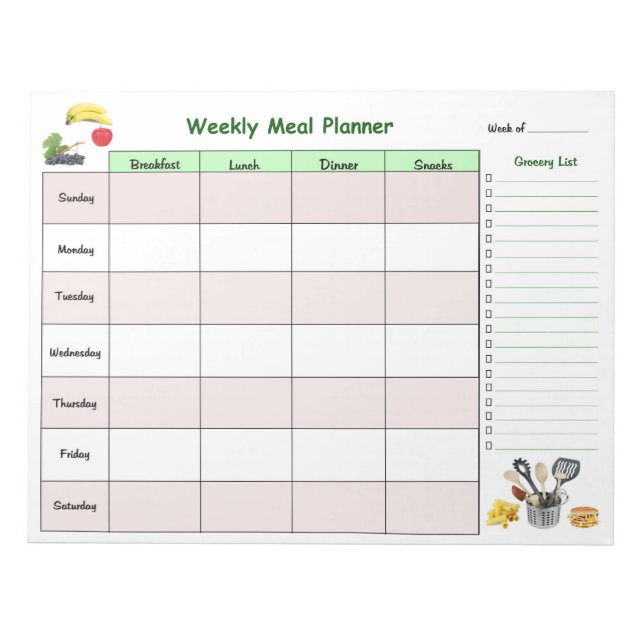 Weekly Meal Planner with Grocery List Notepad (Front)