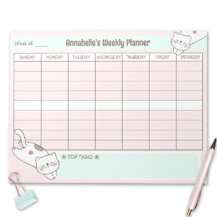 Weekly Planner Cute Cat Pink Blue Name Tear Away Notepad