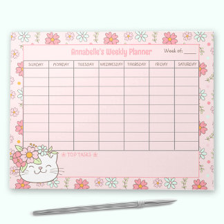 Weekly Planner Cute Cat Pink Floral Name Tear Away Notepad