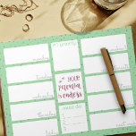 Weekly Planner Daily To Do List Motivational Quote Notepad<br><div class="desc">This custom weekly planner has 12 sections for you to prioritize tasks and organize your week. The design features a positive phrase in the centre, which reads "your potential is endless". It has a trendy colour palette of deep mint green, cassis purple and light grey, with a background print of...</div>