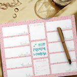 Weekly Planner Daily To Do List Pink Teal Stars Notepad<br><div class="desc">This custom weekly planner has 12 sections for you to prioritize tasks and organize your week. The design features a positive phrase in the centre, which reads "your potential is endless". It has a trendy colour palette of milkshake pink, ocean blue and light grey, with a background print of mini...</div>