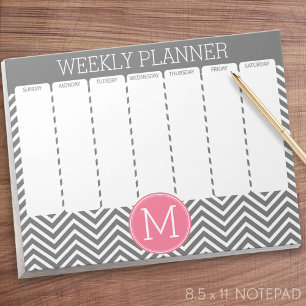 Weekly Planner Grey & Pink Chevrons with Monogram Notepad