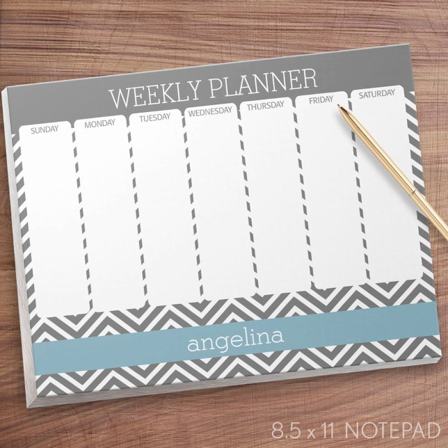Weekly Planner Robin Egg Blue and Grey Chevrons Notepad (Weekly Planner Notepad - Personalized)