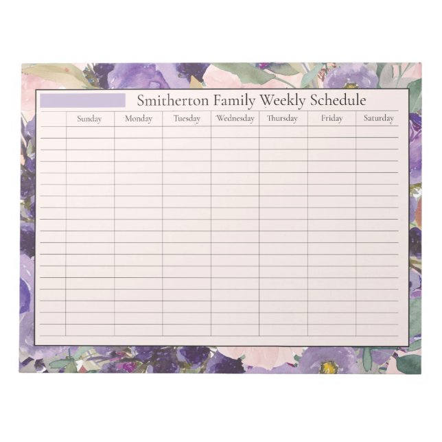 Weekly Planner Schedule Pink Purple Flowers Notepad (Front)