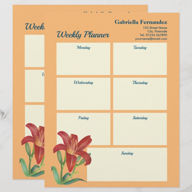 Weekly Planner Vibrant Watercolor Orange Lily Letterhead (Front/Back)