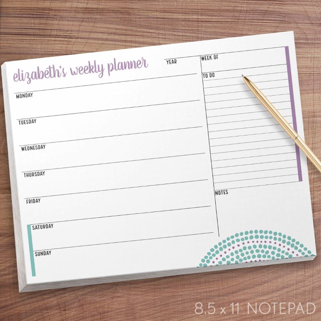 Weekly Planner with Custom Name and Colour Notepad (Weekly Planner Notepad - Personalized)