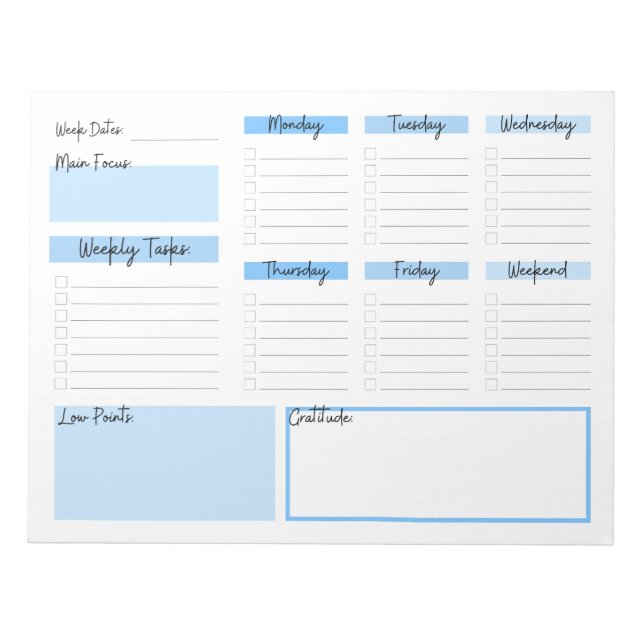 Weekly Planner With Gratitude Blue Notepad (Front)