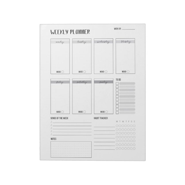 Weekly Planner with Monday start (Grey) 8.5 x 11" Notepad (Rotated)