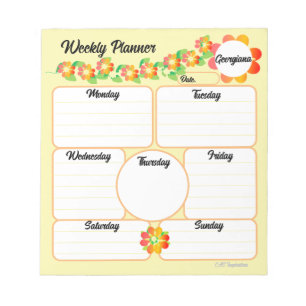 Weekly Planner Yellow Notepad with Orange Flowers 