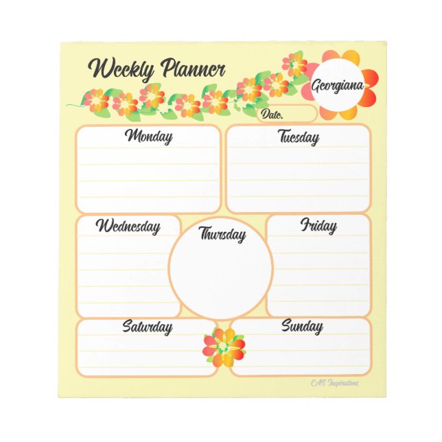 Weekly Planner Yellow Notepad with Orange Flowers  (Front)