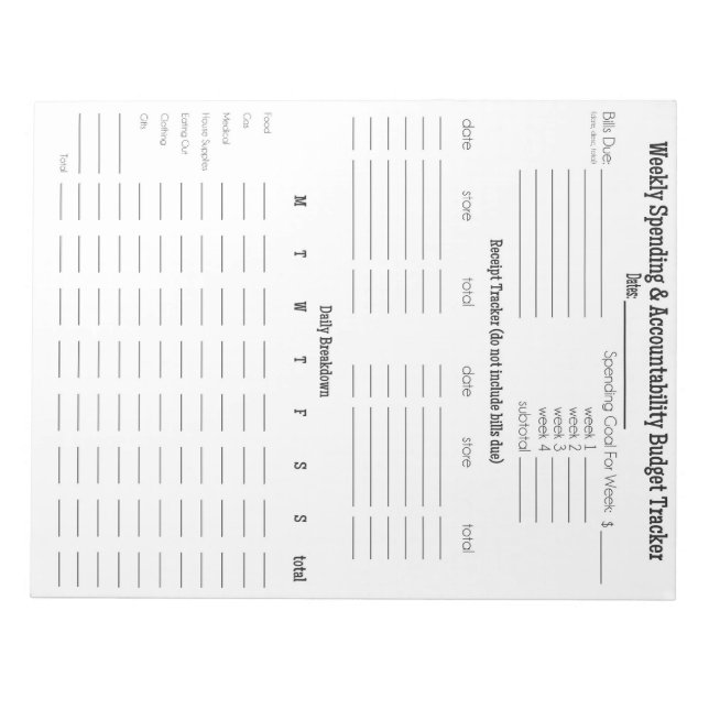 Weekly Spending & Accountability Budget Notepad (Front)