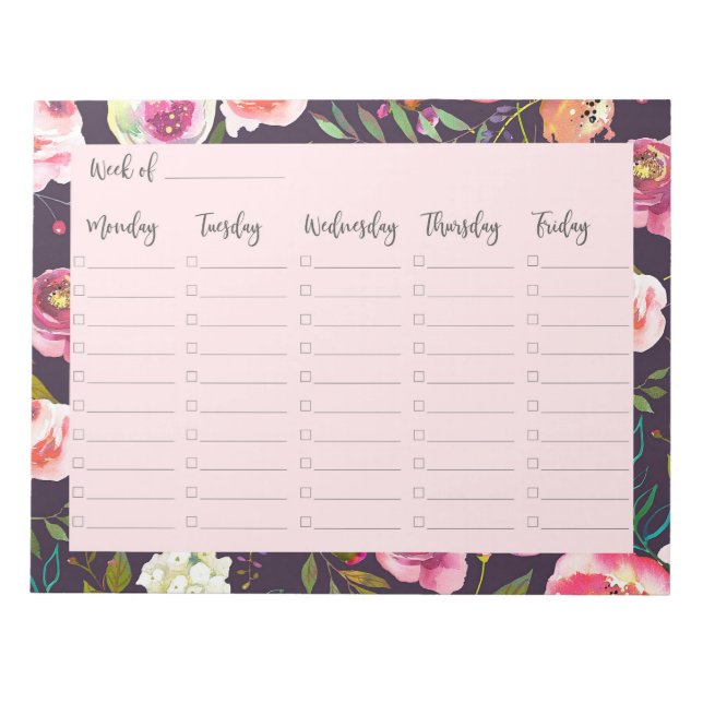 Weekly To do List Office Boho floral design Notepad (Front)