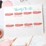 Weekly To Do List Planner | Coral and Aqua Notepad<br><div class="desc">Organize your week with our handy memo pad in chic coral and aqua! Design features "Things to Do" in watercolor brushstroke script lettering, with 5 lines for each day of the week, plus a bonus notes section. Fill in the "week of" at the top and jot down all your important...</div>