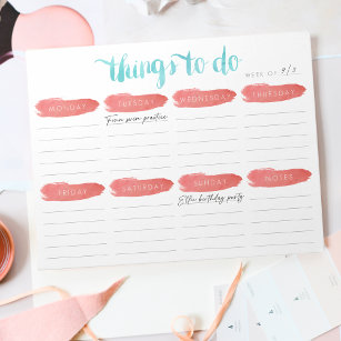 Weekly To Do List Planner   Coral and Aqua Notepad