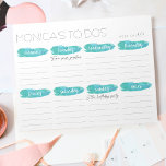 Weekly To Do List Planner | Grey and Mint Notepad<br><div class="desc">Organize your week with our handy memo pad in chic grey and swirly turquoise mint watercolor! Unique personalized design features "[your name's] To Dos" in modern grey lettering, with 5 lines for each day of the week, plus a bonus notes section. Fill in the "week of" at the top and...</div>