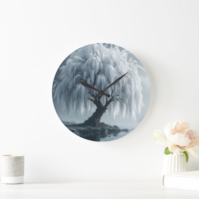 Weeping willow by a pond, black and white  large clock (Home)