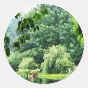 Weeping Willow in the Mist Classic Round Sticker