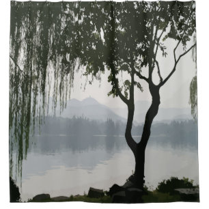 Weeping Willow Lake Mountain Landscape Black Grey