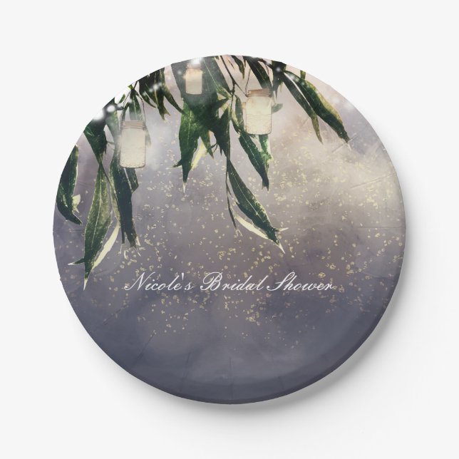 Weeping Willow Tree & Mason Jar Lights Elegant Paper Plate (Front)