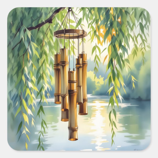 Weeping Willow, Windchimes and Lake Square Sticker (Front)