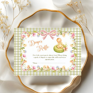 weet Pea Diaper Raffle Green Gingham Floral Enclosure Card