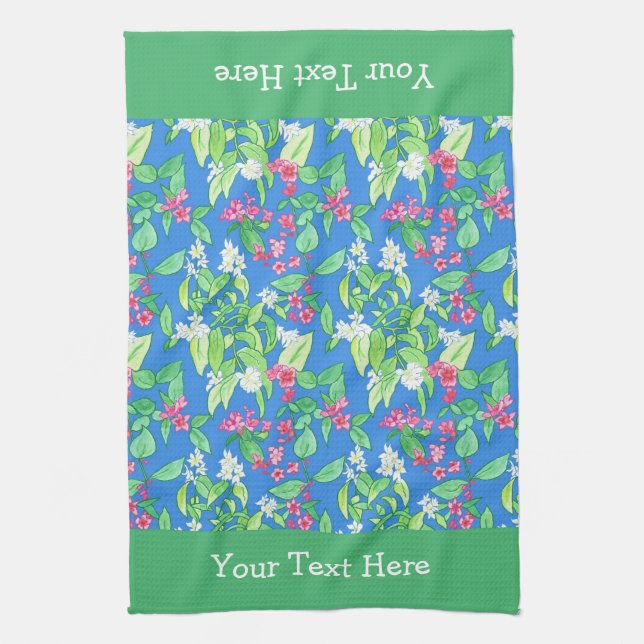 Weigela and Mock Orange Spring Blossoms on Blue Kitchen Towel (Vertical)