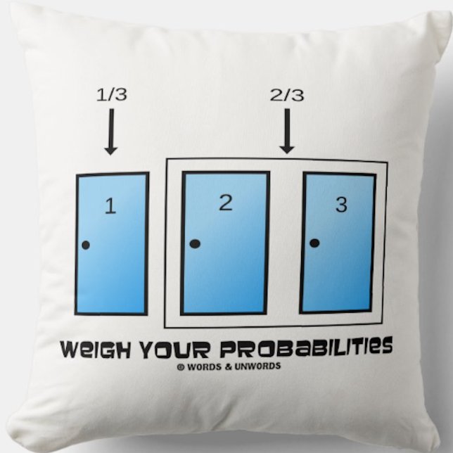 Weigh Your Probabilities Three Closed Doors Throw Pillow (Stats throw pillow for any Bayesian thinker featuring the three doors problem along with advice)