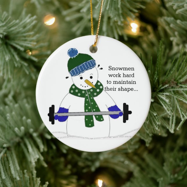 Weight Lifting Snowman Ceramic Ornament (Tree)